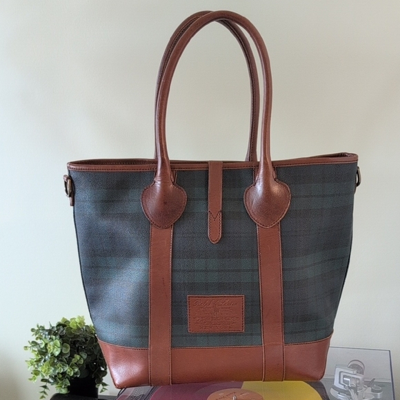 Polo by Ralph Lauren Navy Plaid Tote with Brown Leather - Picture 2 of 3